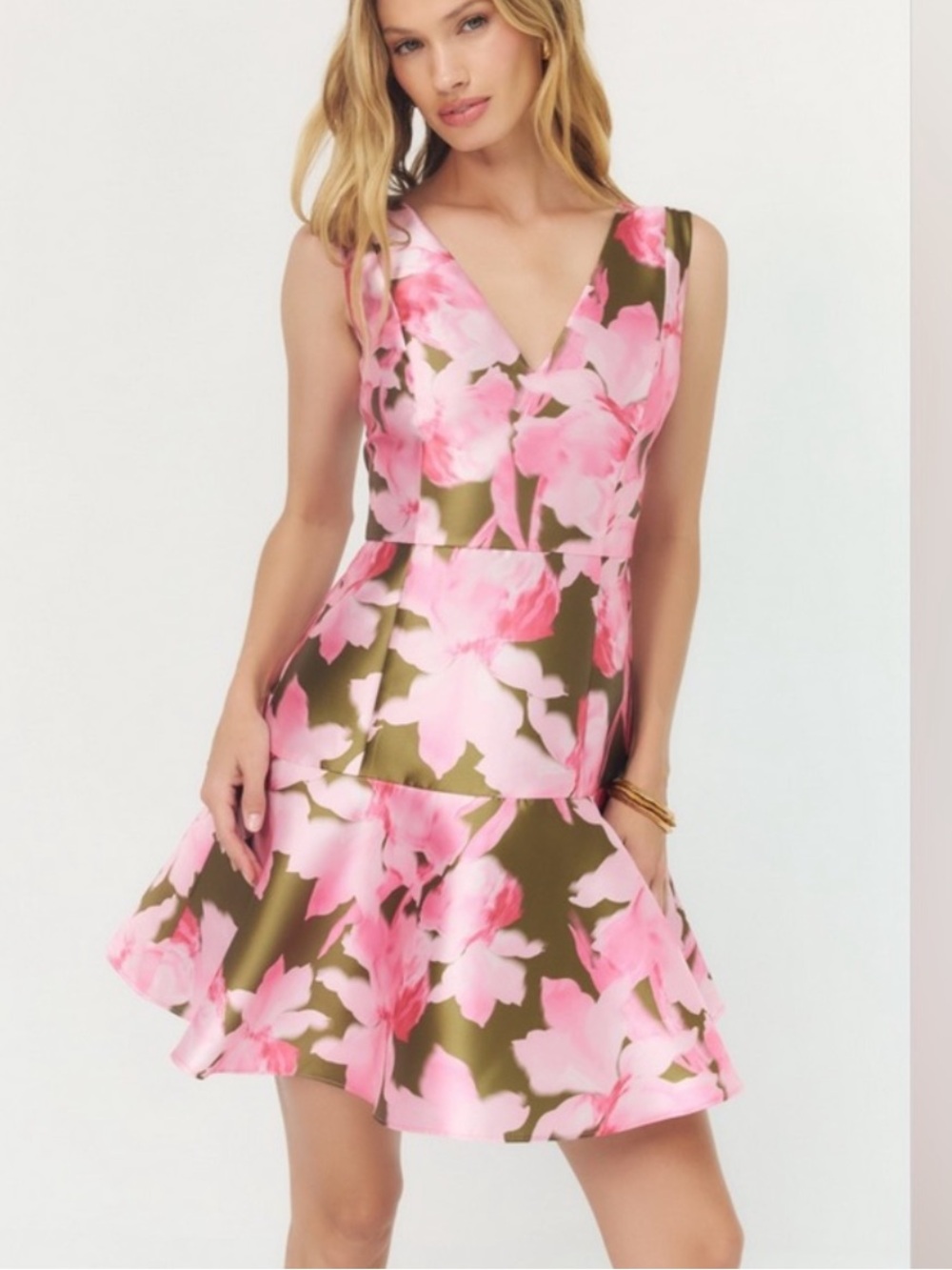Hutch Maribel Dress in Olive/Pink Mikado Ruffle Peplum Size 14 NWT